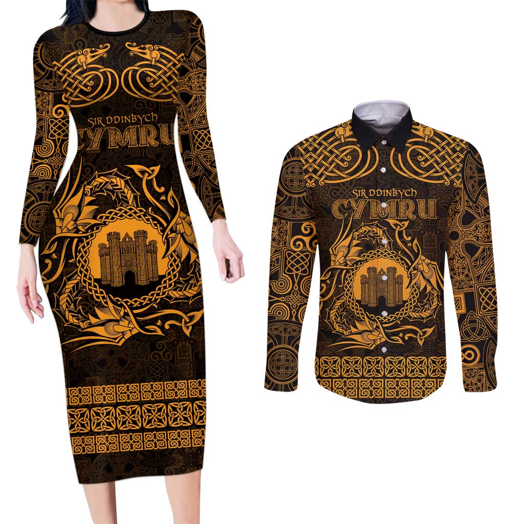 Personalized Denbighshire Sir Ddinbych Couples Matching Long Sleeve Bodycon Dress and Long Sleeve Button Shirt Gold Gatehouse Denbigh Castle Celtic-inspired - Wonder Print Shop