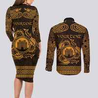 Personalized Denbighshire Sir Ddinbych Couples Matching Long Sleeve Bodycon Dress and Long Sleeve Button Shirt Gold Gatehouse Denbigh Castle Celtic-inspired - Wonder Print Shop