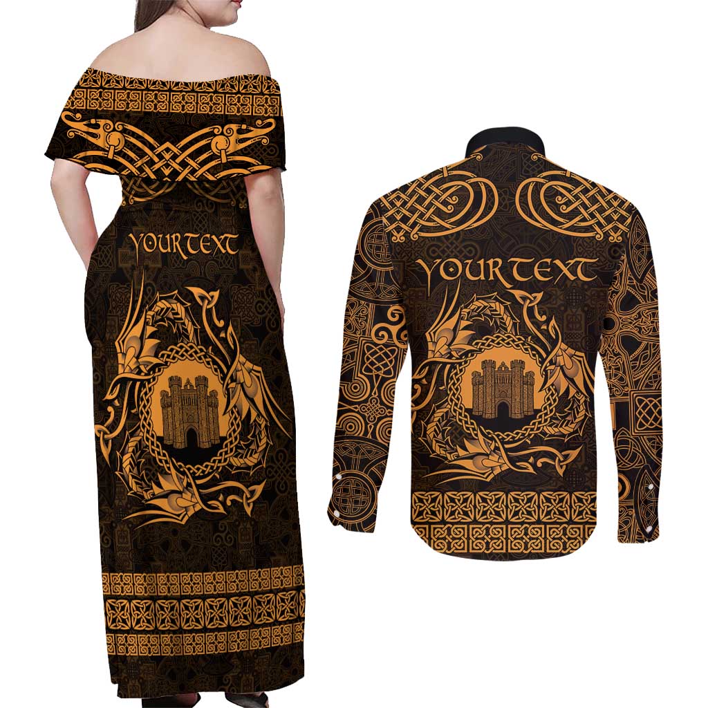 Personalized Denbighshire Sir Ddinbych Couples Matching Off Shoulder Maxi Dress and Long Sleeve Button Shirt Gold Gatehouse Denbigh Castle Celtic-inspired - Wonder Print Shop