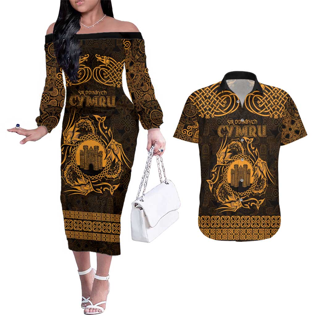 Personalized Denbighshire Sir Ddinbych Couples Matching Off The Shoulder Long Sleeve Dress and Hawaiian Shirt Gold Gatehouse Denbigh Castle Celtic-inspired - Wonder Print Shop