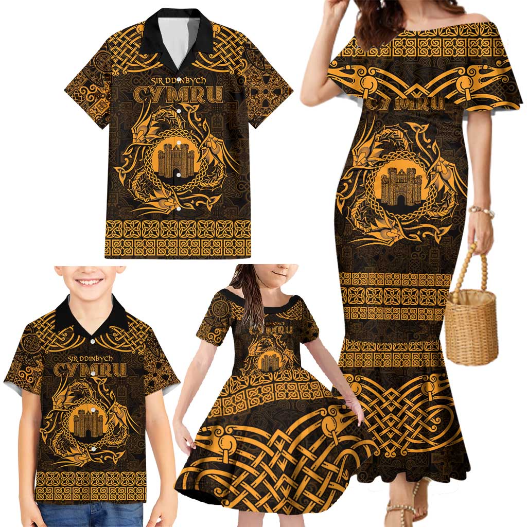 Personalized Denbighshire Sir Ddinbych Family Matching Mermaid Dress and Hawaiian Shirt Gold Gatehouse Denbigh Castle Celtic-inspired - Wonder Print Shop