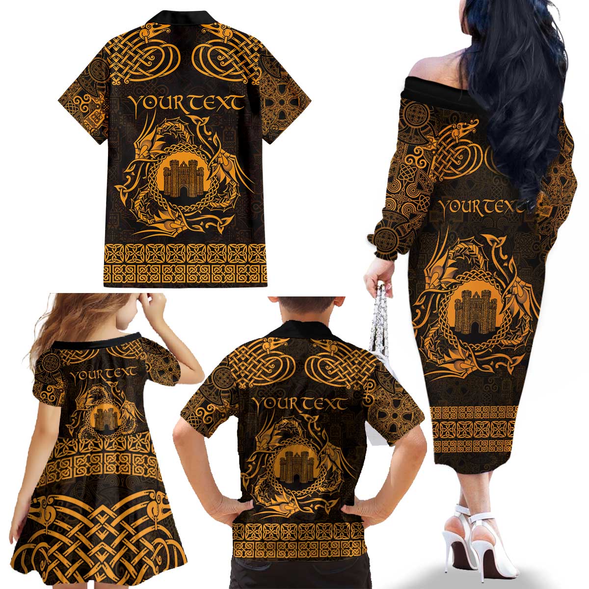 Personalized Denbighshire Sir Ddinbych Family Matching Off The Shoulder Long Sleeve Dress and Hawaiian Shirt Gold Gatehouse Denbigh Castle Celtic-inspired - Wonder Print Shop
