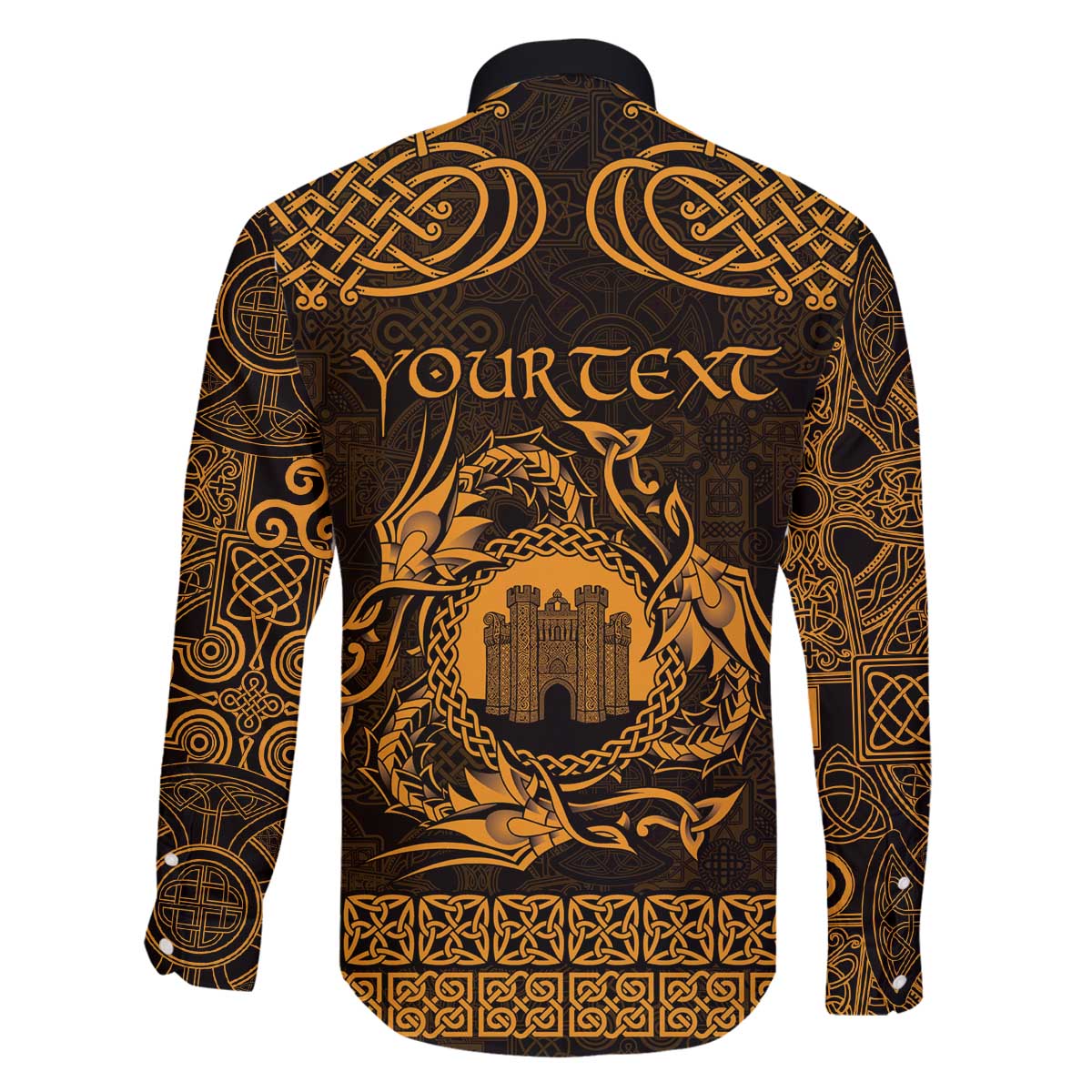 Personalized Denbighshire Sir Ddinbych Family Matching Off The Shoulder Long Sleeve Dress and Hawaiian Shirt Gold Gatehouse Denbigh Castle Celtic-inspired - Wonder Print Shop