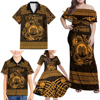 Personalized Denbighshire Sir Ddinbych Family Matching Off Shoulder Maxi Dress and Hawaiian Shirt Gold Gatehouse Denbigh Castle Celtic-inspired - Wonder Print Shop