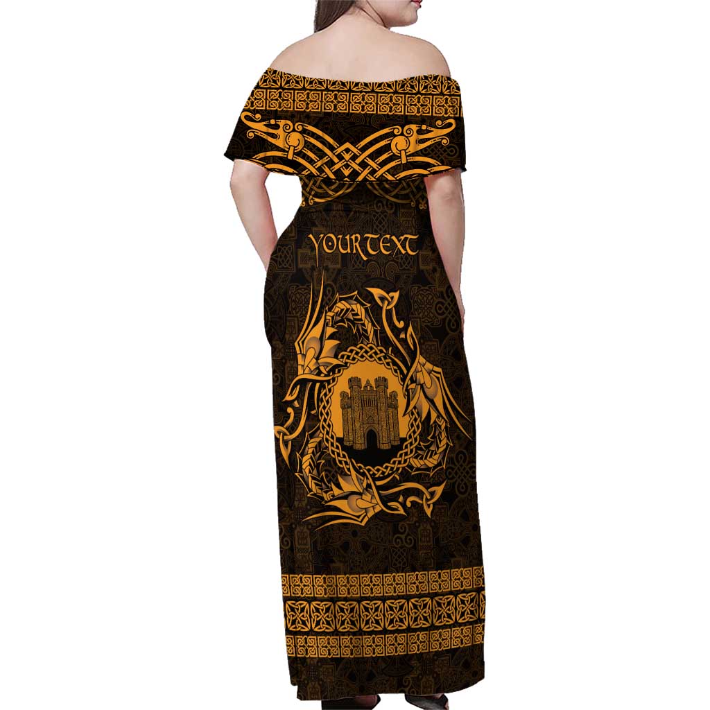 Personalized Denbighshire Sir Ddinbych Family Matching Off Shoulder Maxi Dress and Hawaiian Shirt Gold Gatehouse Denbigh Castle Celtic-inspired - Wonder Print Shop