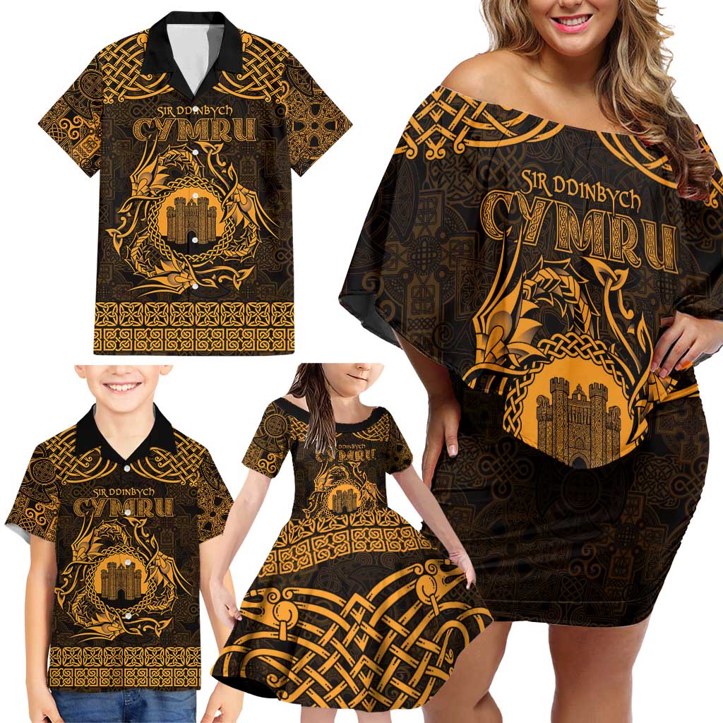 Personalized Denbighshire Sir Ddinbych Family Matching Off Shoulder Short Dress and Hawaiian Shirt Gold Gatehouse Denbigh Castle Celtic-inspired - Wonder Print Shop