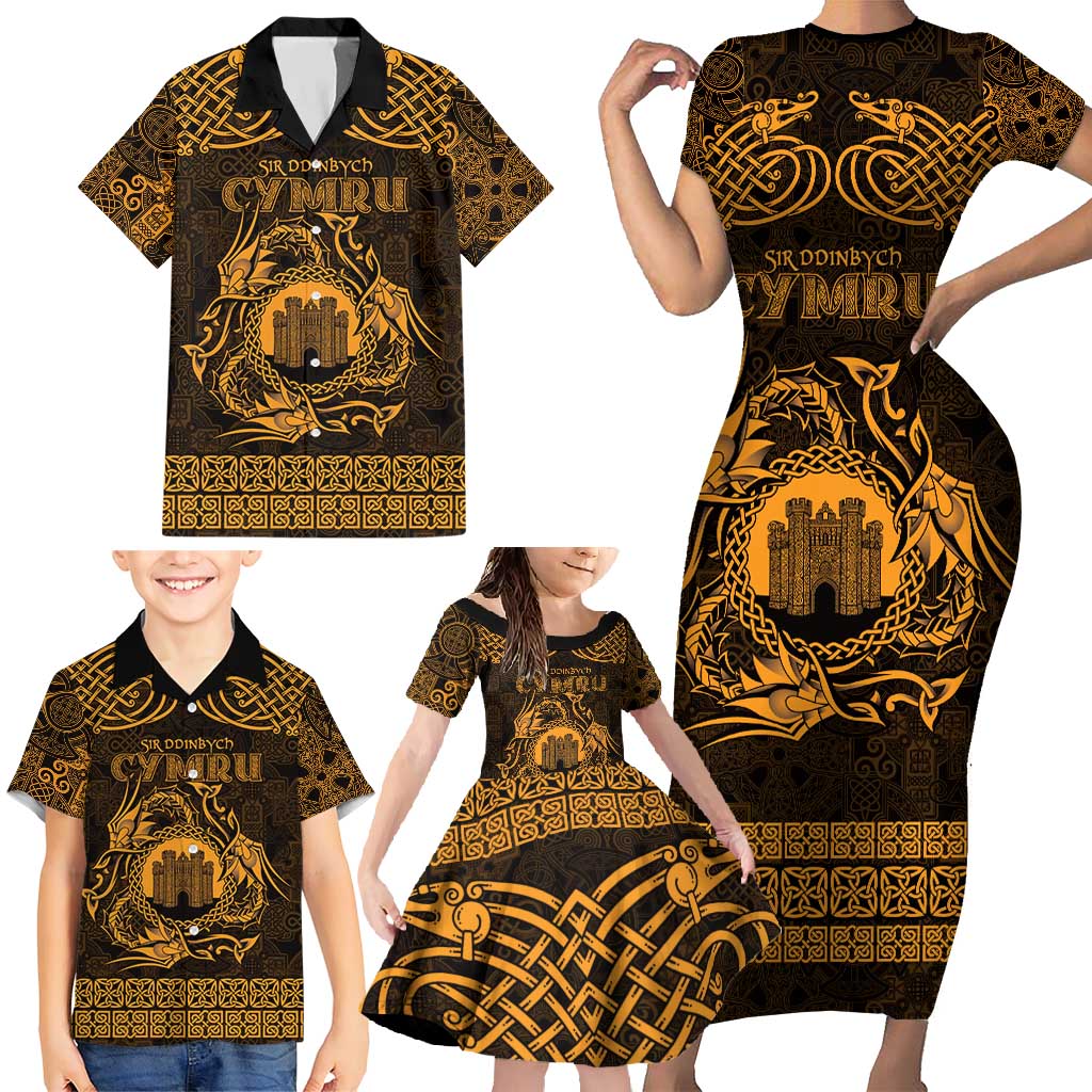 Personalized Denbighshire Sir Ddinbych Family Matching Short Sleeve Bodycon Dress and Hawaiian Shirt Gold Gatehouse Denbigh Castle Celtic-inspired - Wonder Print Shop