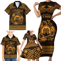 Personalized Denbighshire Sir Ddinbych Family Matching Short Sleeve Bodycon Dress and Hawaiian Shirt Gold Gatehouse Denbigh Castle Celtic-inspired - Wonder Print Shop