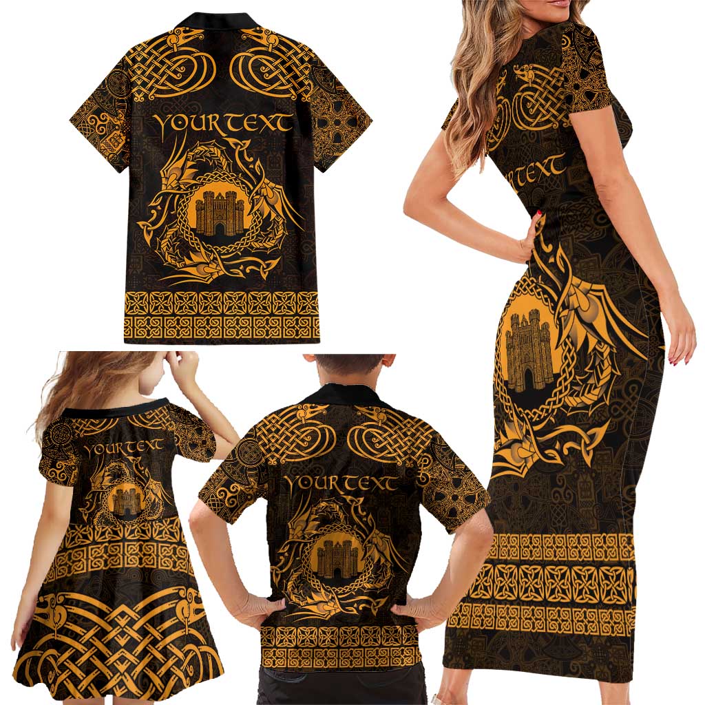 Personalized Denbighshire Sir Ddinbych Family Matching Short Sleeve Bodycon Dress and Hawaiian Shirt Gold Gatehouse Denbigh Castle Celtic-inspired - Wonder Print Shop