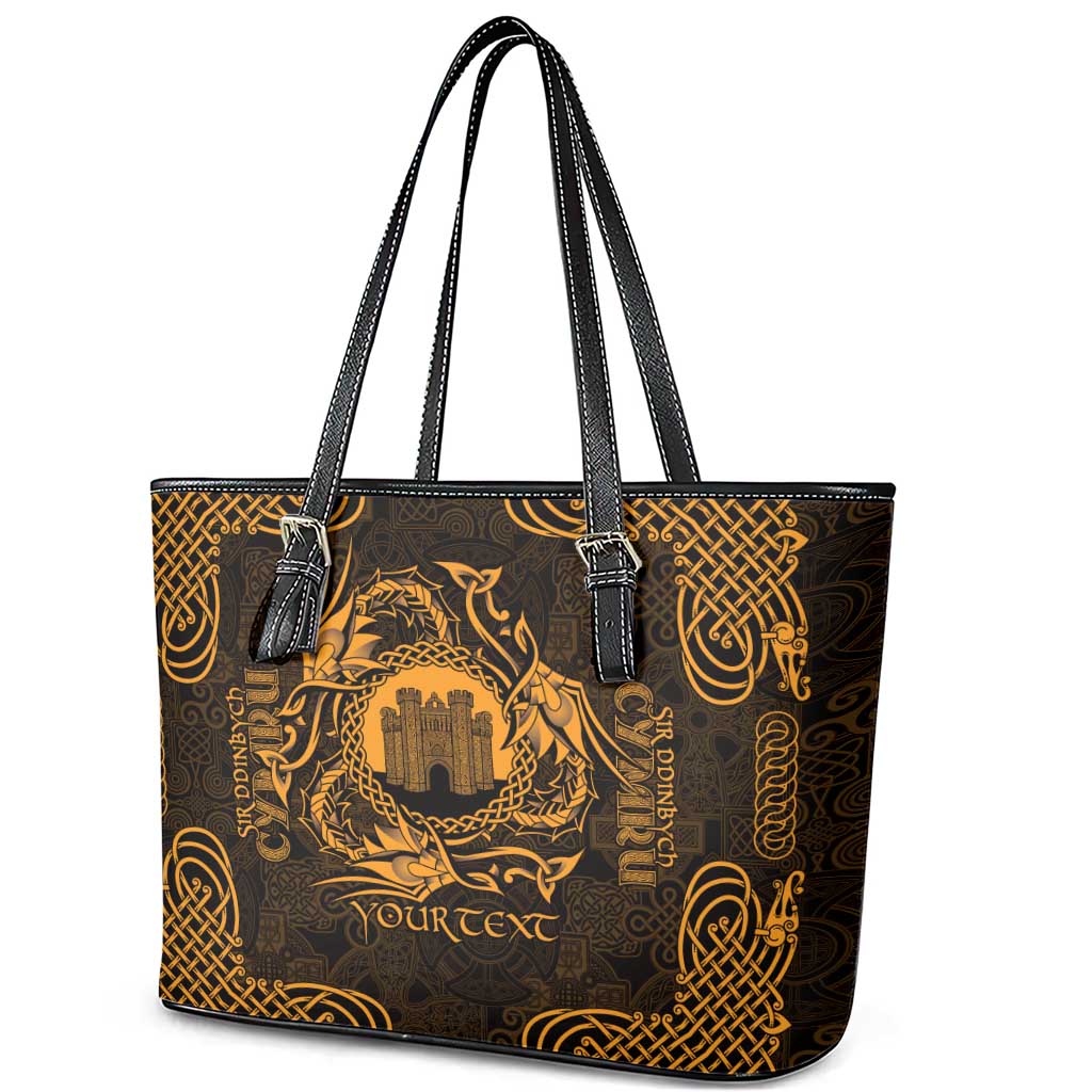 Personalized Denbighshire Sir Ddinbych Leather Tote Bag Gold Gatehouse Denbigh Castle Celtic-inspired - Wonder Print Shop
