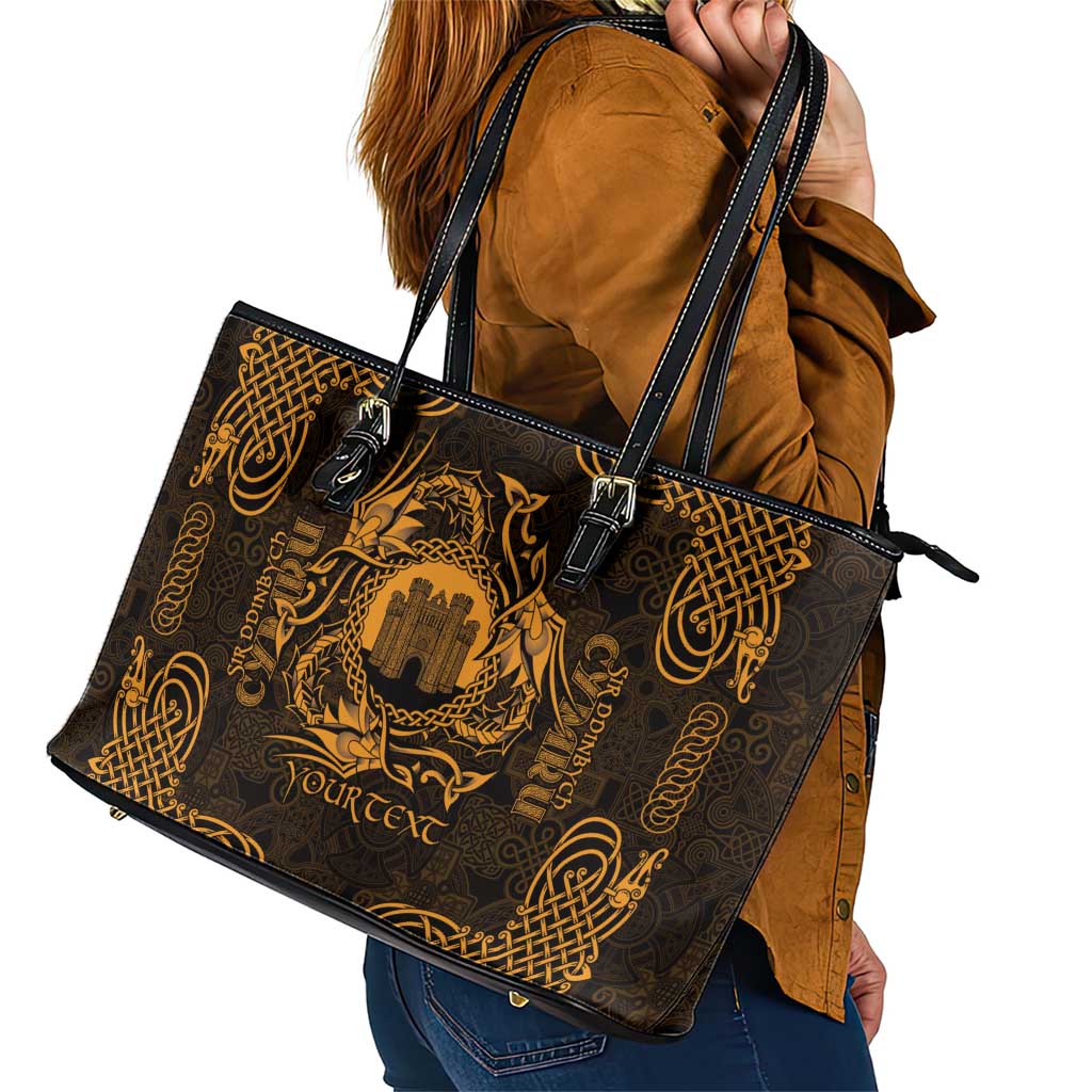 Personalized Denbighshire Sir Ddinbych Leather Tote Bag Gold Gatehouse Denbigh Castle Celtic-inspired - Wonder Print Shop