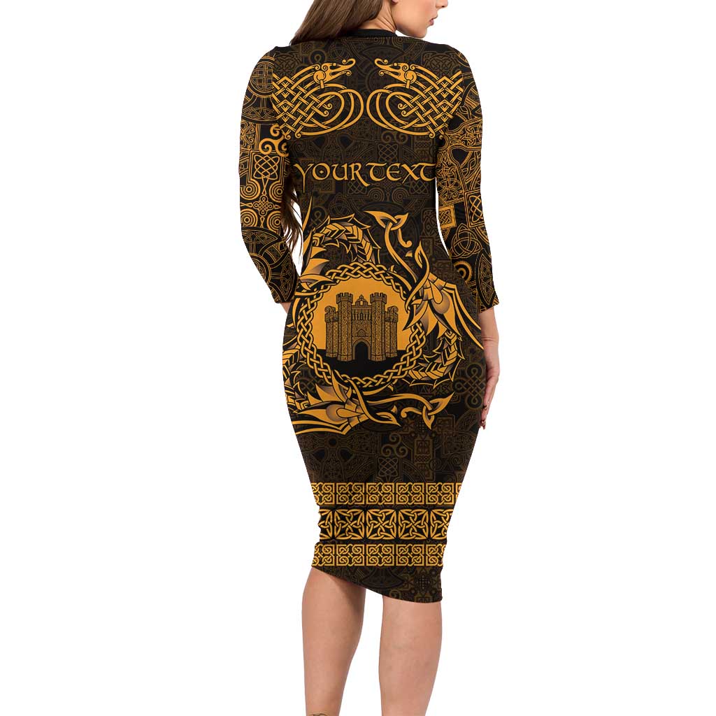 Personalized Denbighshire Sir Ddinbych Long Sleeve Bodycon Dress Gold Gatehouse Denbigh Castle Celtic-inspired - Wonder Print Shop