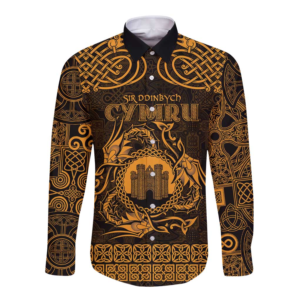 Personalized Denbighshire Sir Ddinbych Long Sleeve Button Shirt Gold Gatehouse Denbigh Castle Celtic-inspired - Wonder Print Shop