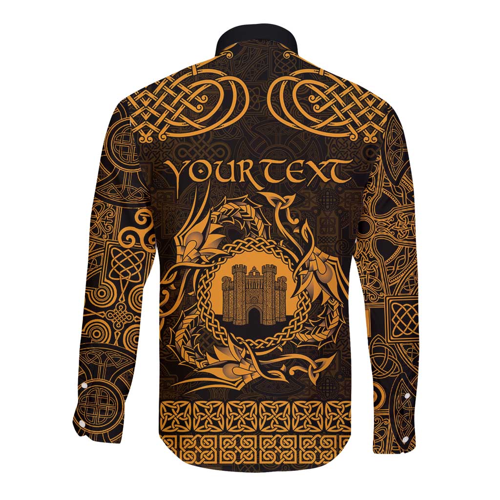 Personalized Denbighshire Sir Ddinbych Long Sleeve Button Shirt Gold Gatehouse Denbigh Castle Celtic-inspired - Wonder Print Shop