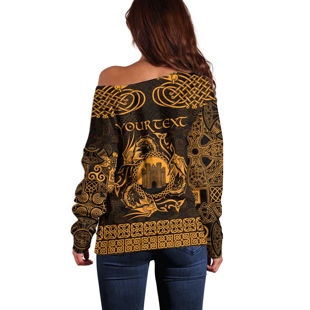Personalized Denbighshire Sir Ddinbych Off Shoulder Sweater Gold Gatehouse Denbigh Castle Celtic-inspired - Wonder Print Shop