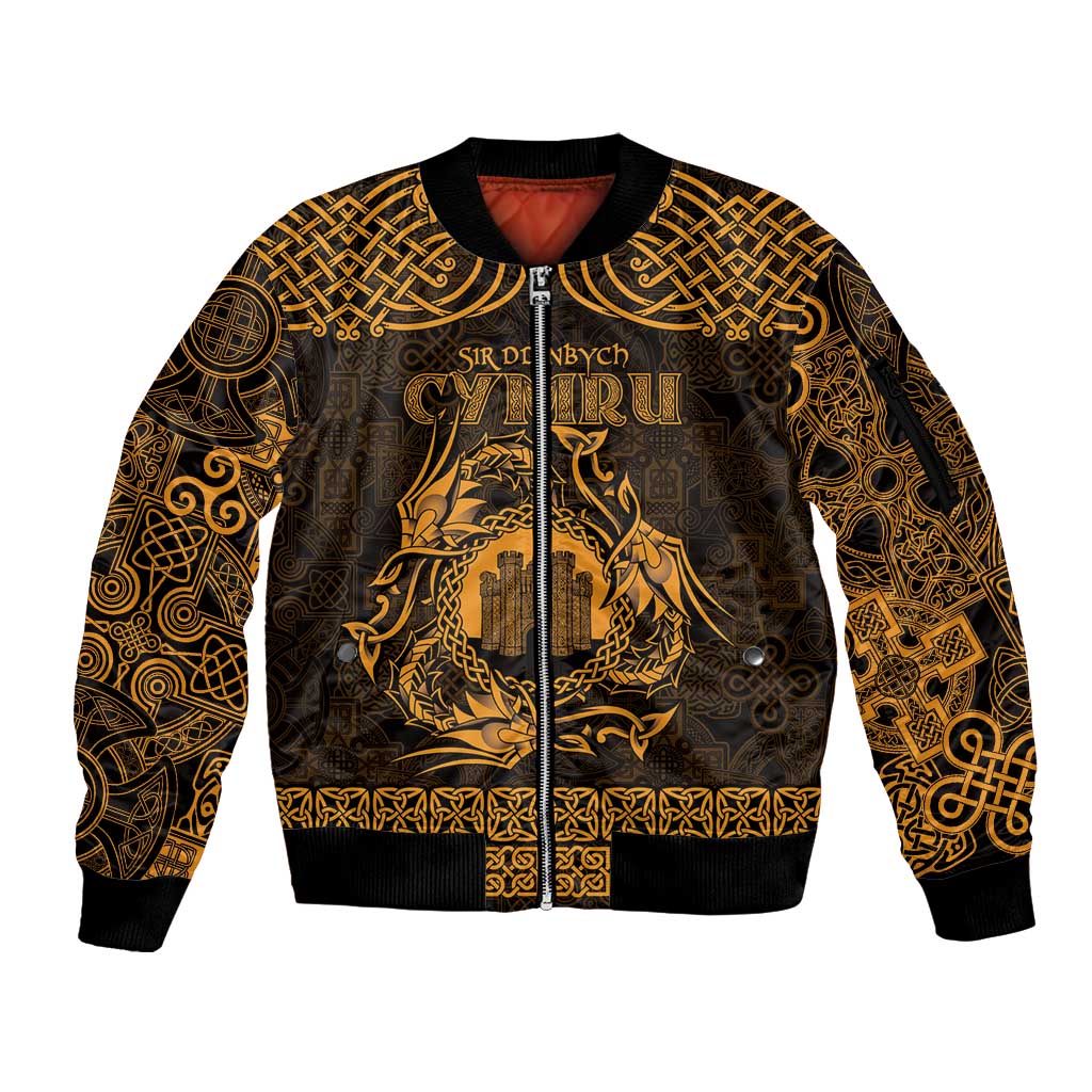 Personalized Denbighshire Sir Ddinbych Sleeve Zip Bomber Jacket Gold Gatehouse Denbigh Castle Celtic-inspired - Wonder Print Shop