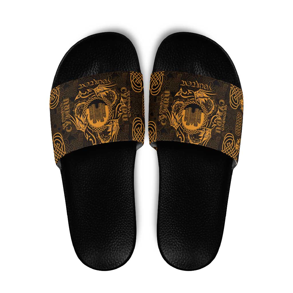 Personalized Denbighshire Sir Ddinbych Slide Sandals Gold Gatehouse Denbigh Castle Celtic-inspired - Wonder Print Shop