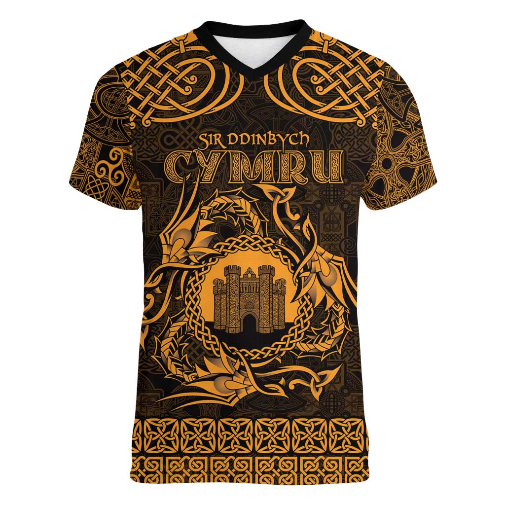 Personalized Denbighshire Sir Ddinbych Women V-Neck T-Shirt Gold Gatehouse Denbigh Castle Celtic-inspired - Wonder Print Shop