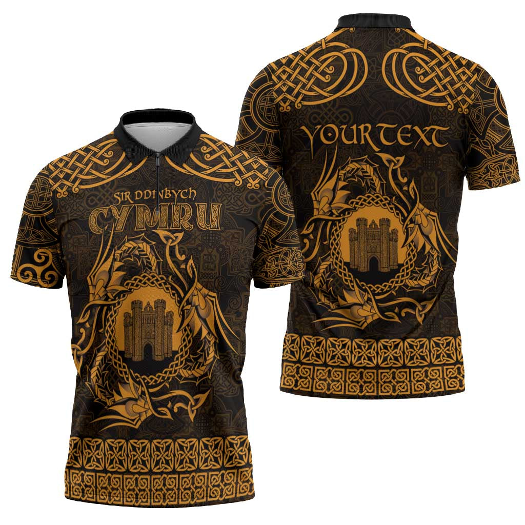 Personalized Denbighshire Sir Ddinbych Zipper Polo Shirt Gold Gatehouse Denbigh Castle Celtic-inspired - Wonder Print Shop