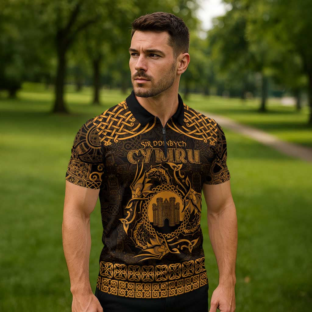 Personalized Denbighshire Sir Ddinbych Zipper Polo Shirt Gold Gatehouse Denbigh Castle Celtic-inspired - Wonder Print Shop