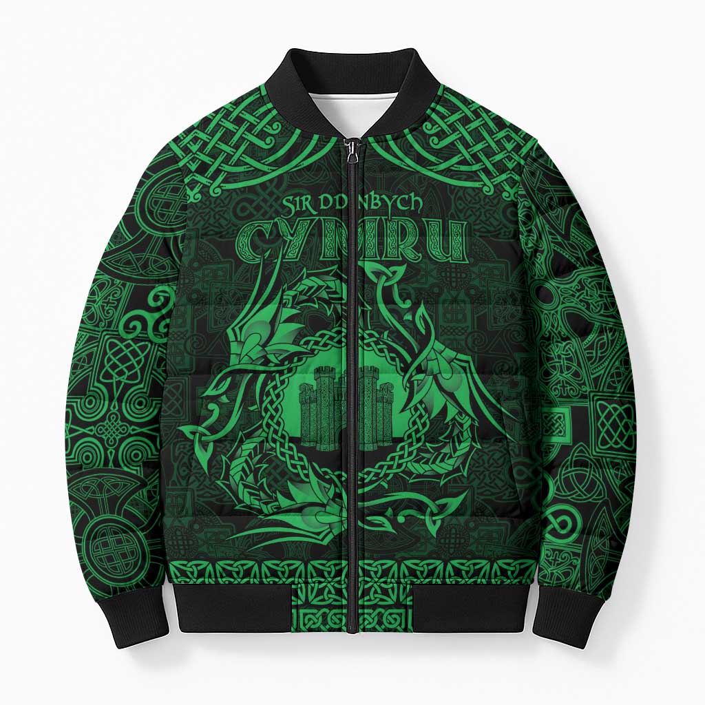 Personalized Denbighshire Sir Ddinbych Bomber Puffer Jacket Green Gatehouse Denbigh Castle Celtic-inspired - Wonder Print Shop
