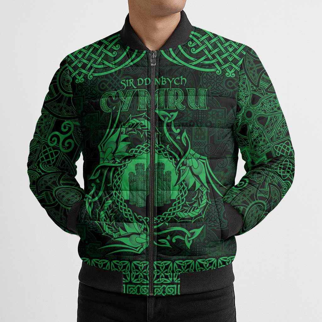 Personalized Denbighshire Sir Ddinbych Bomber Puffer Jacket Green Gatehouse Denbigh Castle Celtic-inspired - Wonder Print Shop