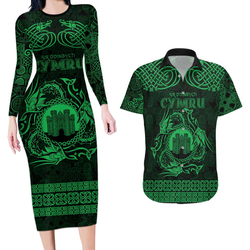 Personalized Denbighshire Sir Ddinbych Couples Matching Long Sleeve Bodycon Dress and Hawaiian Shirt Green Gatehouse Denbigh Castle Celtic-inspired - Wonder Print Shop
