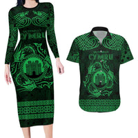 Personalized Denbighshire Sir Ddinbych Couples Matching Long Sleeve Bodycon Dress and Hawaiian Shirt Green Gatehouse Denbigh Castle Celtic-inspired - Wonder Print Shop