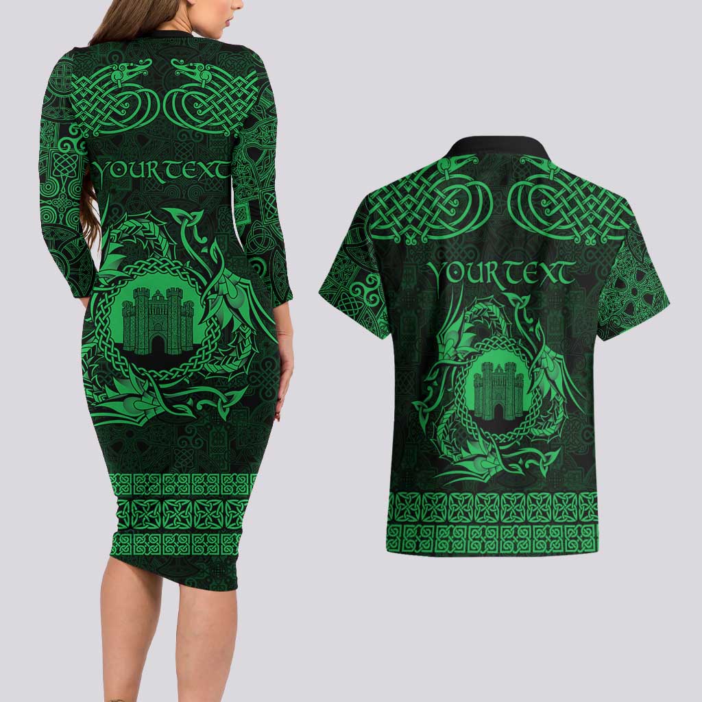Personalized Denbighshire Sir Ddinbych Couples Matching Long Sleeve Bodycon Dress and Hawaiian Shirt Green Gatehouse Denbigh Castle Celtic-inspired - Wonder Print Shop