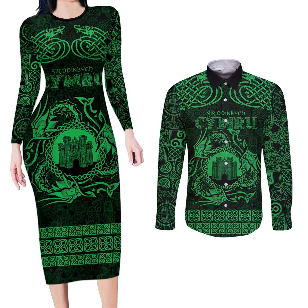 Personalized Denbighshire Sir Ddinbych Couples Matching Long Sleeve Bodycon Dress and Long Sleeve Button Shirt Green Gatehouse Denbigh Castle Celtic-inspired - Wonder Print Shop