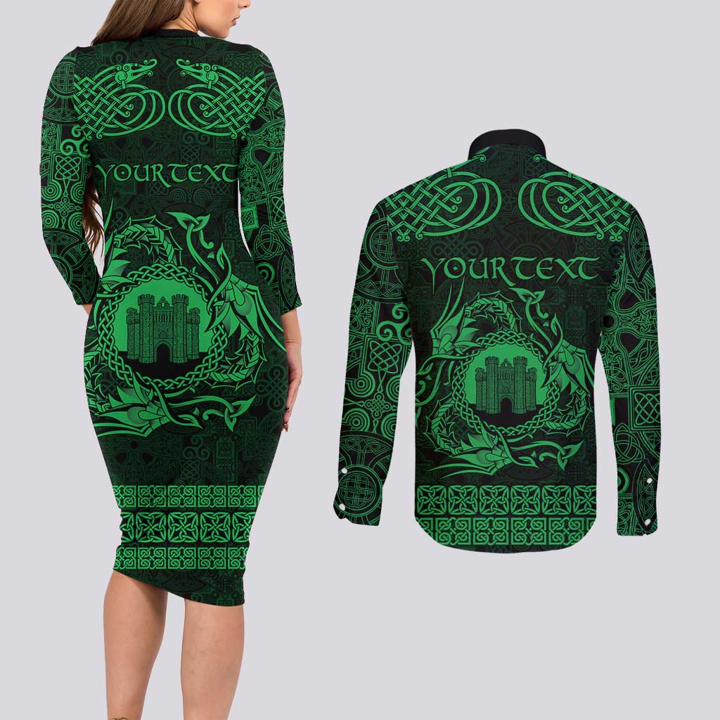 Personalized Denbighshire Sir Ddinbych Couples Matching Long Sleeve Bodycon Dress and Long Sleeve Button Shirt Green Gatehouse Denbigh Castle Celtic-inspired - Wonder Print Shop