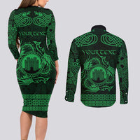 Personalized Denbighshire Sir Ddinbych Couples Matching Long Sleeve Bodycon Dress and Long Sleeve Button Shirt Green Gatehouse Denbigh Castle Celtic-inspired - Wonder Print Shop