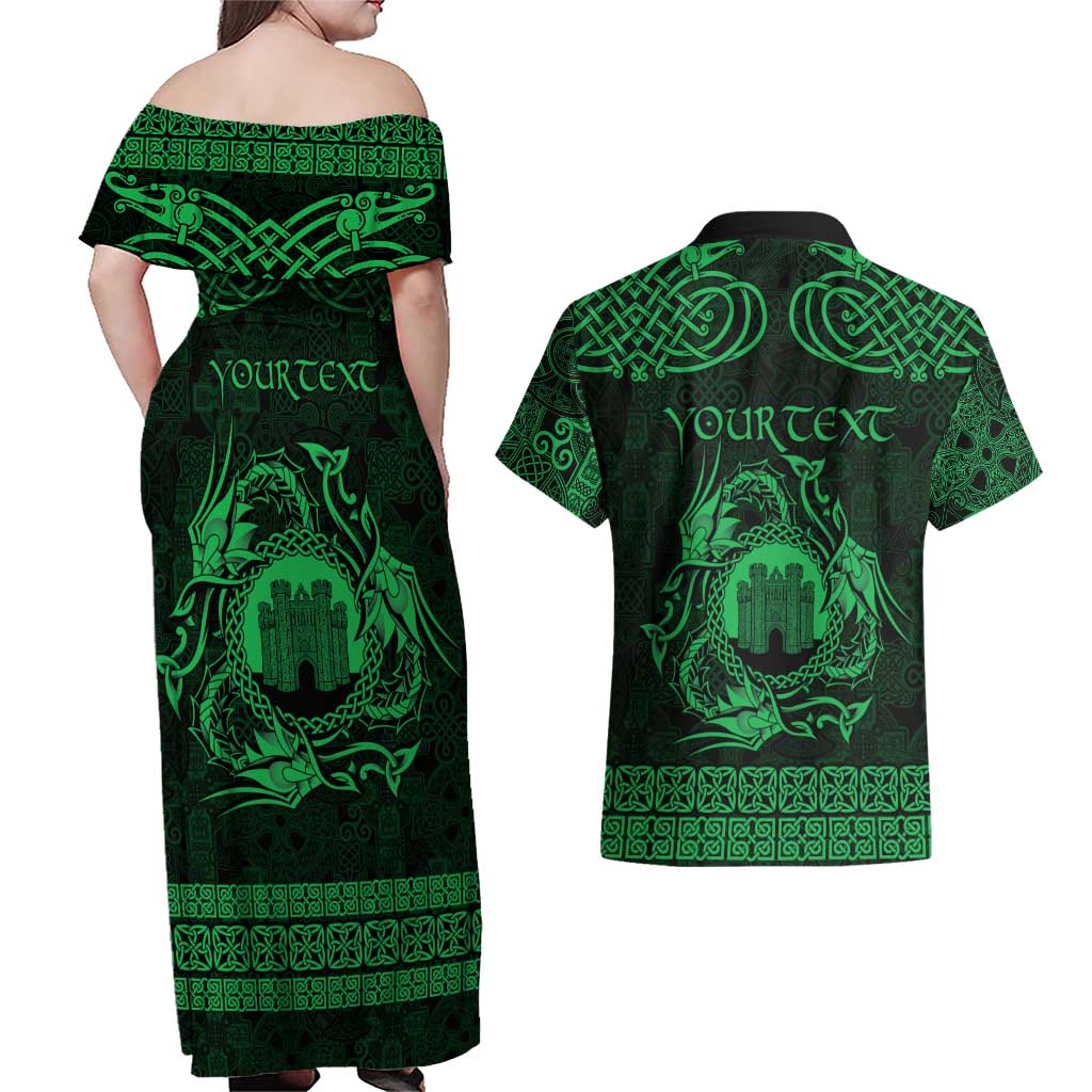 Personalized Denbighshire Sir Ddinbych Couples Matching Off Shoulder Maxi Dress and Hawaiian Shirt Green Gatehouse Denbigh Castle Celtic-inspired - Wonder Print Shop