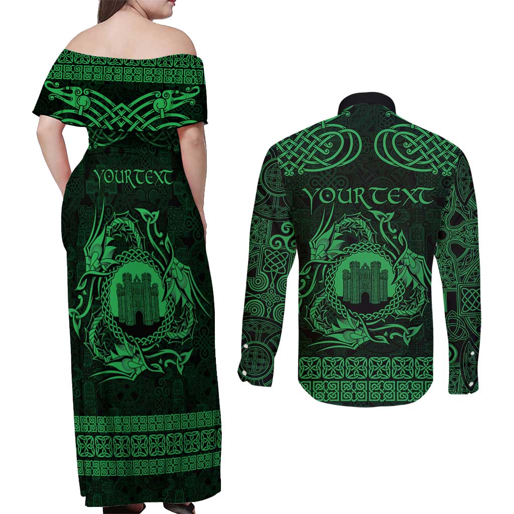 Personalized Denbighshire Sir Ddinbych Couples Matching Off Shoulder Maxi Dress and Long Sleeve Button Shirt Green Gatehouse Denbigh Castle Celtic-inspired - Wonder Print Shop