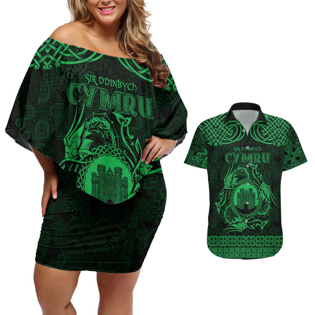 Personalized Denbighshire Sir Ddinbych Couples Matching Off Shoulder Short Dress and Hawaiian Shirt Green Gatehouse Denbigh Castle Celtic-inspired - Wonder Print Shop