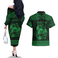 Personalized Denbighshire Sir Ddinbych Couples Matching Off The Shoulder Long Sleeve Dress and Hawaiian Shirt Green Gatehouse Denbigh Castle Celtic-inspired - Wonder Print Shop