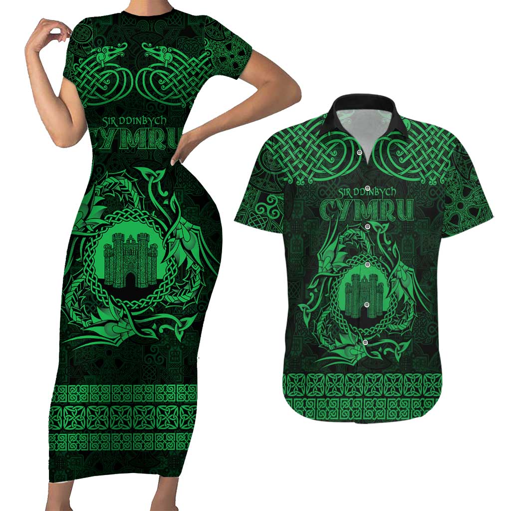 Personalized Denbighshire Sir Ddinbych Couples Matching Short Sleeve Bodycon Dress and Hawaiian Shirt Green Gatehouse Denbigh Castle Celtic-inspired - Wonder Print Shop
