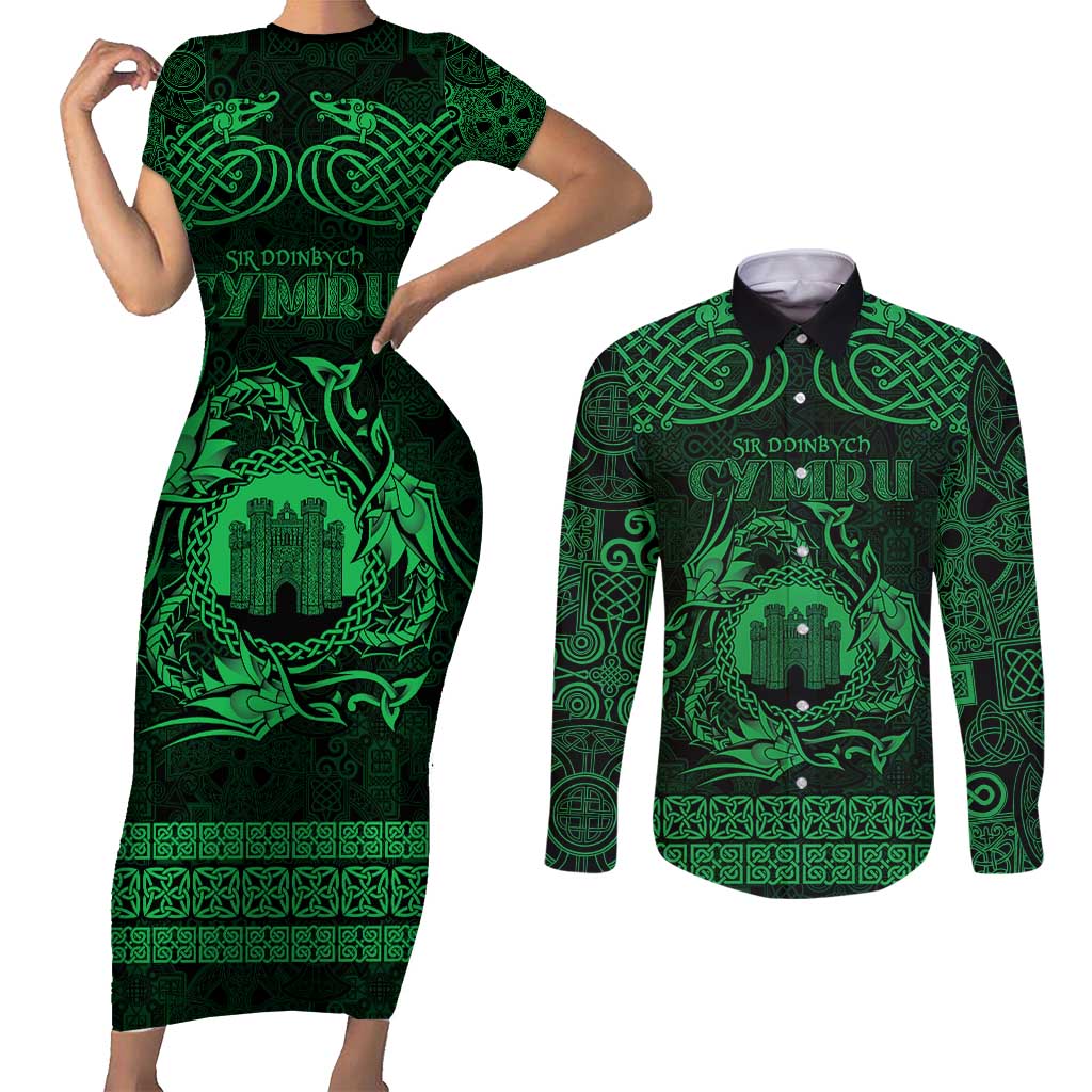 Personalized Denbighshire Sir Ddinbych Couples Matching Short Sleeve Bodycon Dress and Long Sleeve Button Shirt Green Gatehouse Denbigh Castle Celtic-inspired - Wonder Print Shop