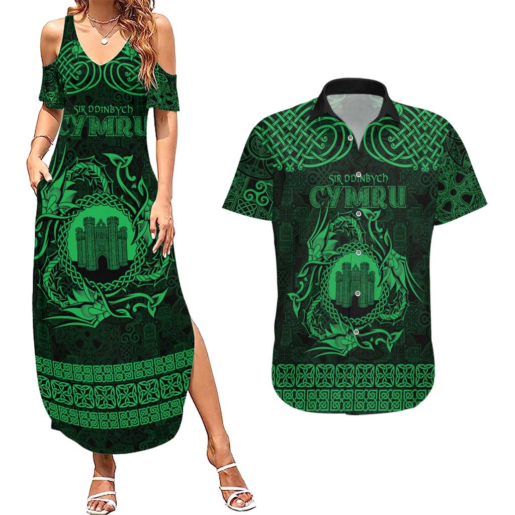 Personalized Denbighshire Sir Ddinbych Couples Matching Summer Maxi Dress and Hawaiian Shirt Green Gatehouse Denbigh Castle Celtic-inspired - Wonder Print Shop