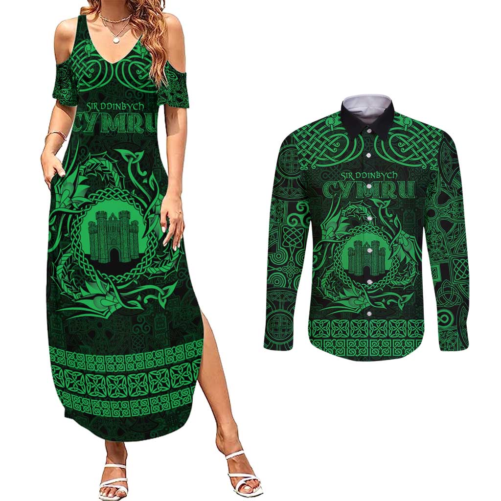 Personalized Denbighshire Sir Ddinbych Couples Matching Summer Maxi Dress and Long Sleeve Button Shirt Green Gatehouse Denbigh Castle Celtic-inspired - Wonder Print Shop
