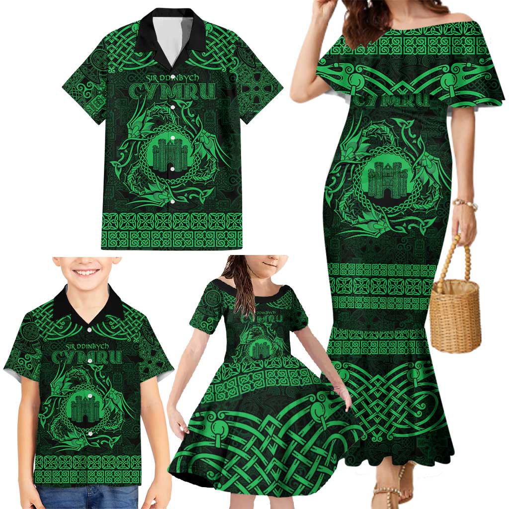 Personalized Denbighshire Sir Ddinbych Family Matching Mermaid Dress and Hawaiian Shirt Green Gatehouse Denbigh Castle Celtic-inspired - Wonder Print Shop
