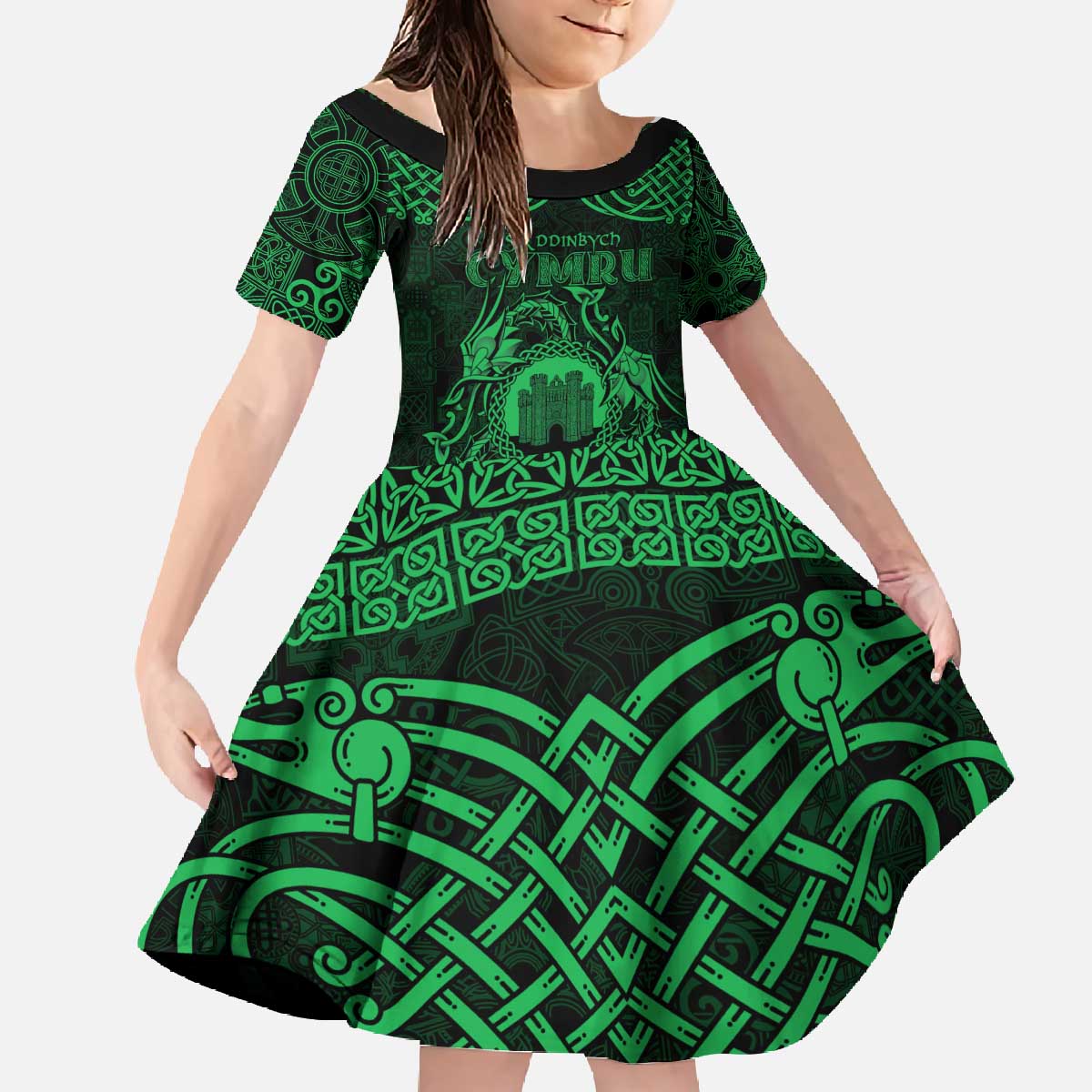 Personalized Denbighshire Sir Ddinbych Family Matching Off The Shoulder Long Sleeve Dress and Hawaiian Shirt Green Gatehouse Denbigh Castle Celtic-inspired - Wonder Print Shop