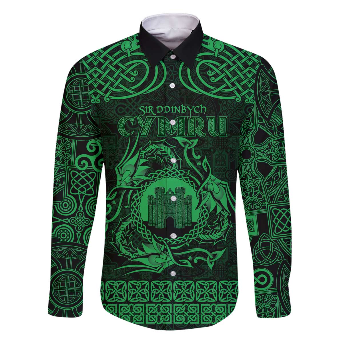 Personalized Denbighshire Sir Ddinbych Family Matching Off The Shoulder Long Sleeve Dress and Hawaiian Shirt Green Gatehouse Denbigh Castle Celtic-inspired - Wonder Print Shop