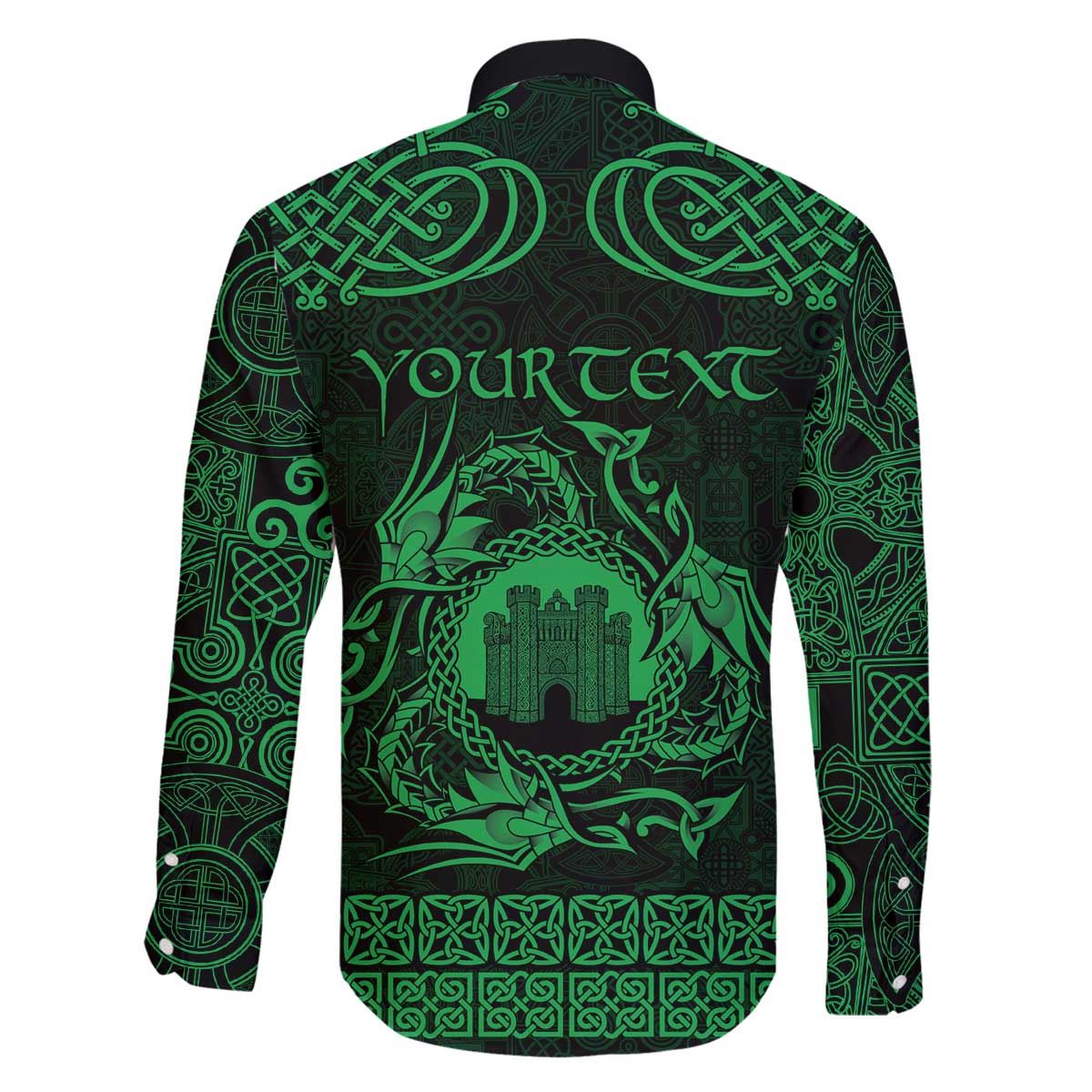 Personalized Denbighshire Sir Ddinbych Family Matching Off The Shoulder Long Sleeve Dress and Hawaiian Shirt Green Gatehouse Denbigh Castle Celtic-inspired - Wonder Print Shop
