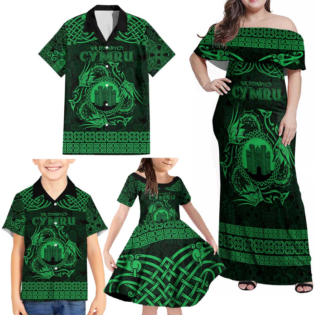 Personalized Denbighshire Sir Ddinbych Family Matching Off Shoulder Maxi Dress and Hawaiian Shirt Green Gatehouse Denbigh Castle Celtic-inspired - Wonder Print Shop