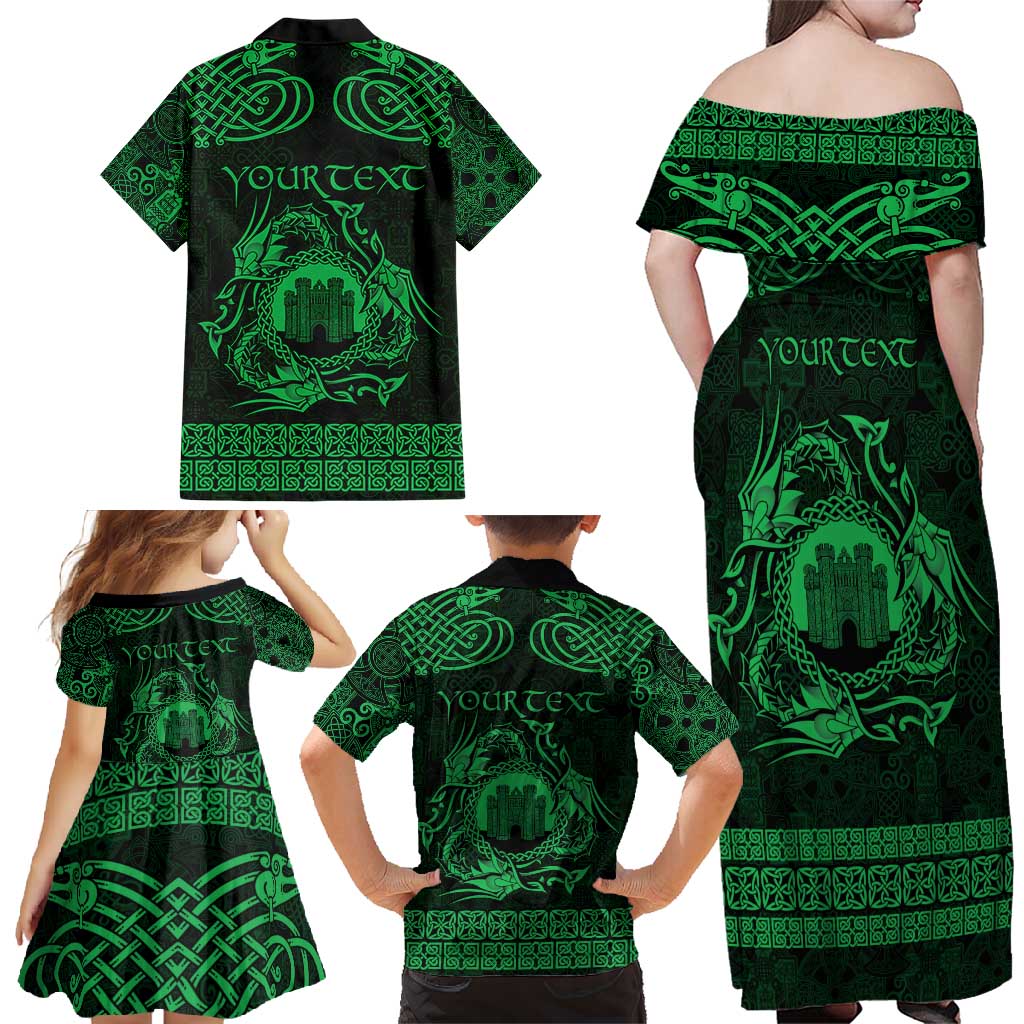 Personalized Denbighshire Sir Ddinbych Family Matching Off Shoulder Maxi Dress and Hawaiian Shirt Green Gatehouse Denbigh Castle Celtic-inspired - Wonder Print Shop