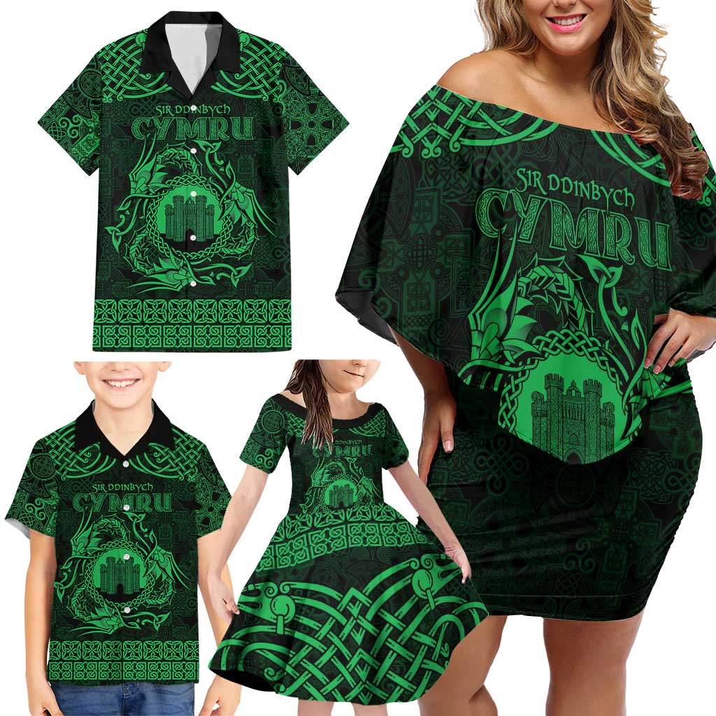 Personalized Denbighshire Sir Ddinbych Family Matching Off Shoulder Short Dress and Hawaiian Shirt Green Gatehouse Denbigh Castle Celtic-inspired - Wonder Print Shop