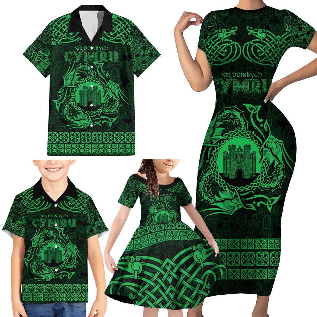 Personalized Denbighshire Sir Ddinbych Family Matching Short Sleeve Bodycon Dress and Hawaiian Shirt Green Gatehouse Denbigh Castle Celtic-inspired - Wonder Print Shop