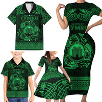 Personalized Denbighshire Sir Ddinbych Family Matching Short Sleeve Bodycon Dress and Hawaiian Shirt Green Gatehouse Denbigh Castle Celtic-inspired - Wonder Print Shop