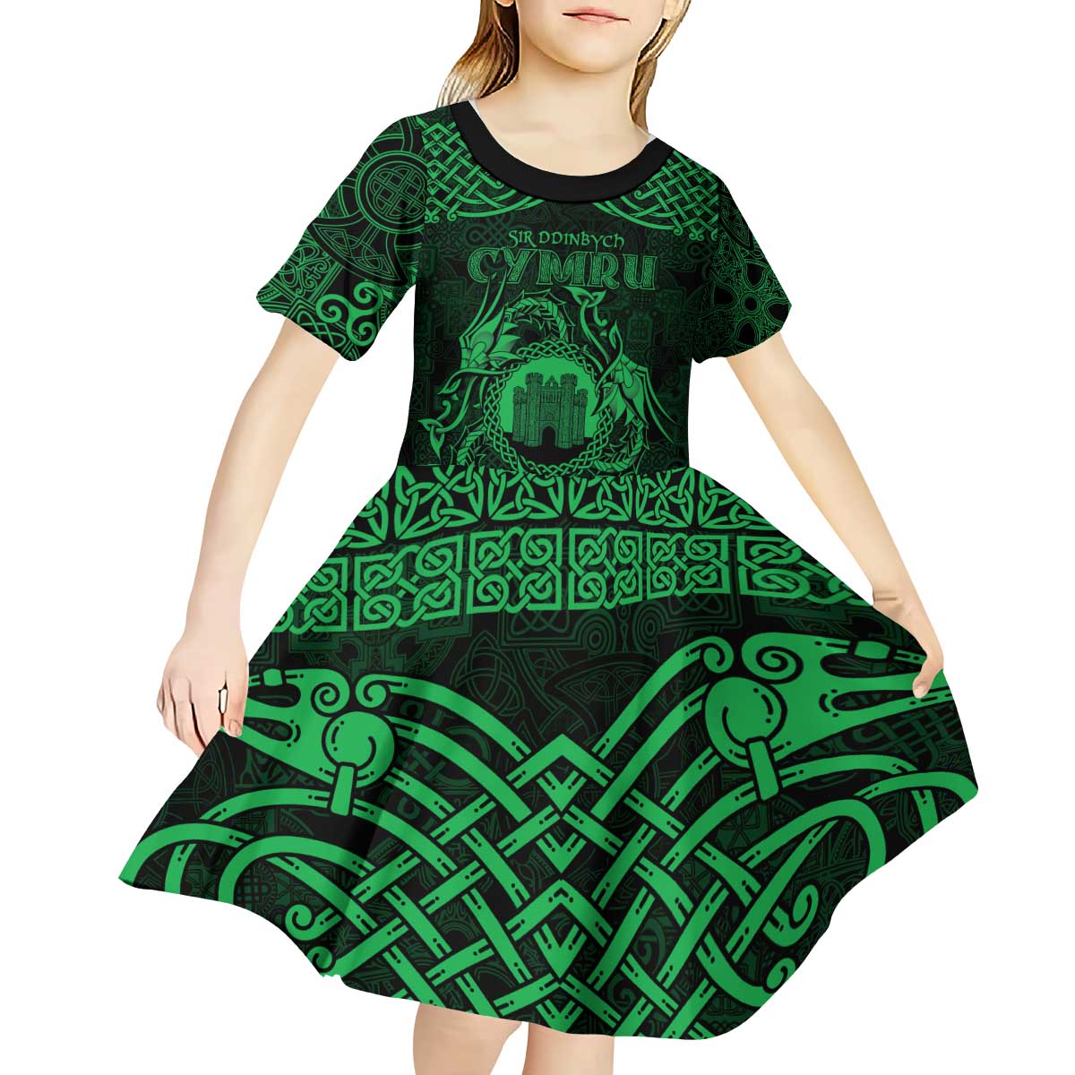 Personalized Denbighshire Sir Ddinbych Kid Short Sleeve Dress Green Gatehouse Denbigh Castle Celtic-inspired - Wonder Print Shop